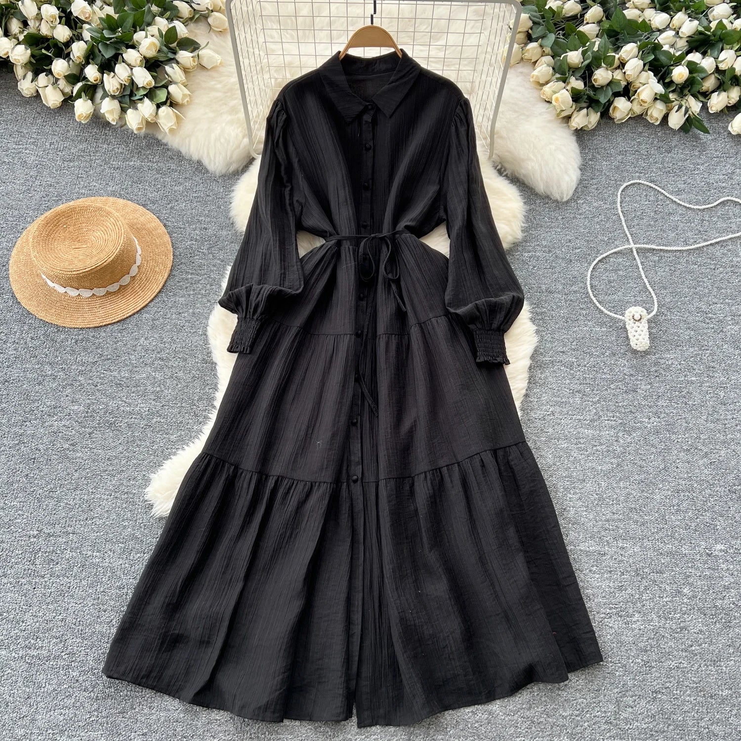 Chic Vintage Casual Long Sve irt Dr Women Loose Waist Cinched Faionable Long Skirt Korean Sle High Waist A-Line