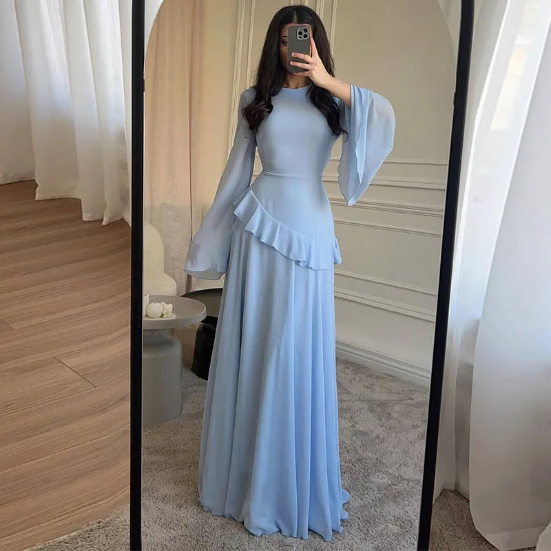 Fashion Flare Sleeve Ruff Long Dress Women Solid O-neck High Waist Slim Pleated Maxi Dresses 2025 Lady Summer Chic Party Robes