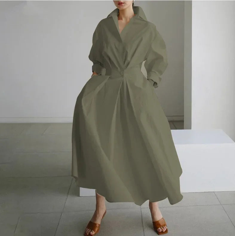 2026 Women's Oversized Elegant Cotton Linen Sundress Lapel Neck High Waist Long Sleeve Long Shirt Dress OL Vestidos Robe Femme