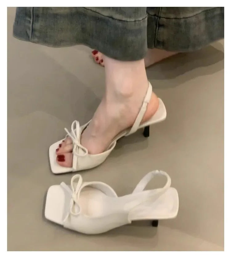 Women High-heeled Sandals 2025 Summer French Elegant Outdoor High Heels Fashion Butterfly-knot Thin Heel Outdoor Ladies Sandals