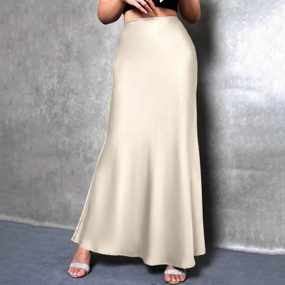 Women Fishtail Skirt Elegant High Waist Flattering Silhouette Satin Skirt Solid Color Smooth Surface A-Line Maxi Skirt