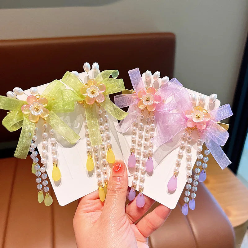 Pink and Blue Ribbon Tassel Hairpin Hair Clip for Children Girl Ancient Style Hanfu Hair Pins Cosplay Hair Accessories