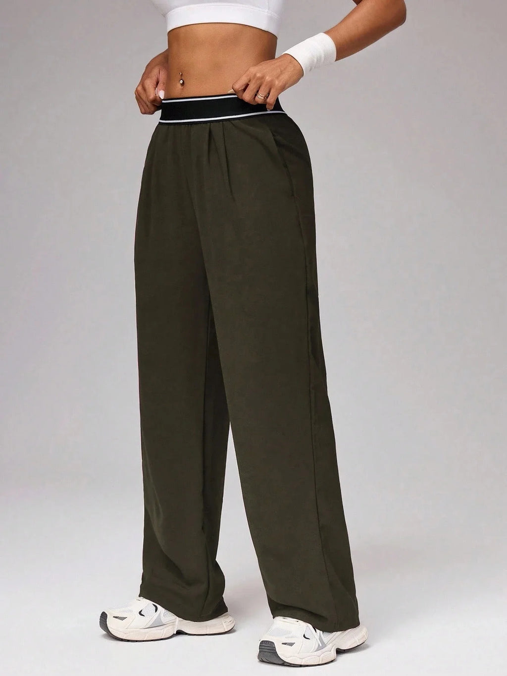 Women's High Waist Wide Leg Pants, Striped Waistband Loose Fit Casual Trousers, Lightweight Breathable Workout Joggers