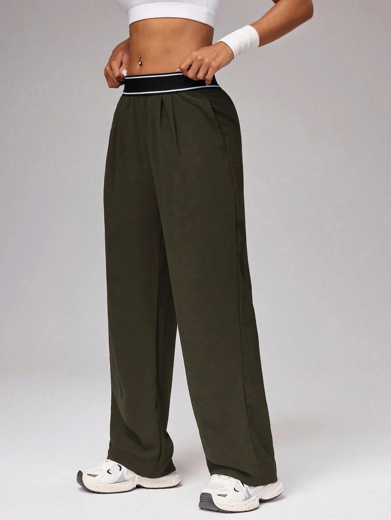 Women's High Waist Wide Leg Pants, Striped Waistband Loose Fit Casual Trousers, Lightweight Breathable Workout Joggers