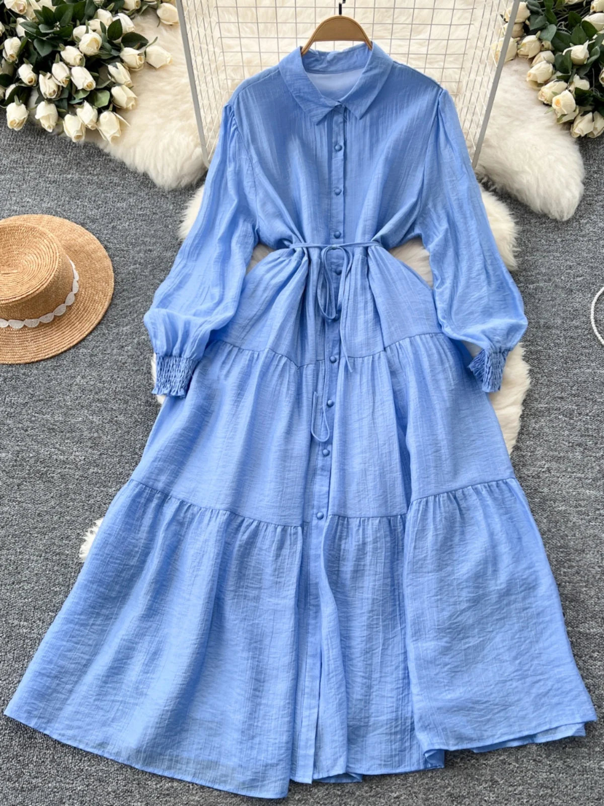 Chic Vintage Casual Long Sve irt Dr Women Loose Waist Cinched Faionable Long Skirt Korean Sle High Waist A-Line