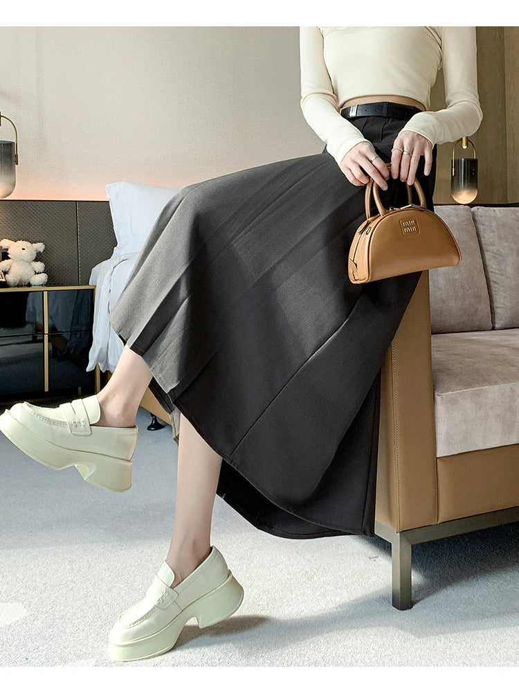 [EWQ] Elegant Solid Color Mid-Length All Match Skirt For Women 2026 Spring Summer Loose High Waist A-Line Pleated Skirts 16O9169