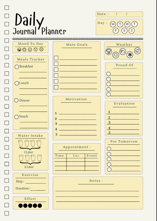Daily Journal Planner Template | Digital Mood & Habit Tracker | Comprehensive Daily Reflection & Wellness Organizer