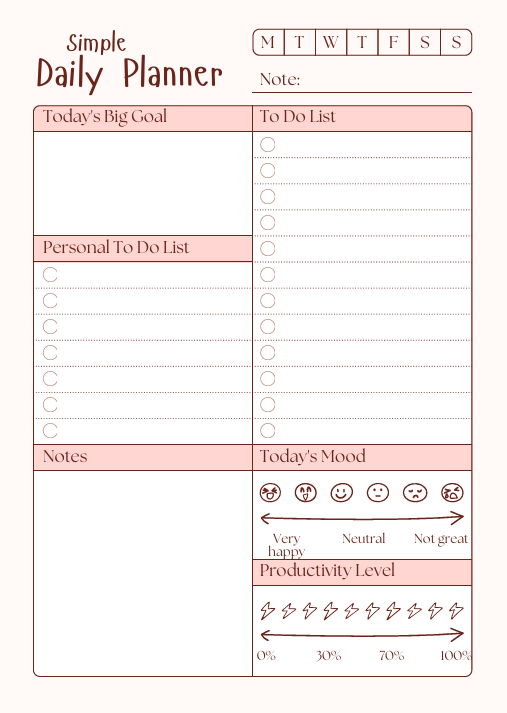 Simple Daily Planner Template | Digital Personal & Work Task Organizer | Minimalist Daily Goal Setter & Mood Tracker