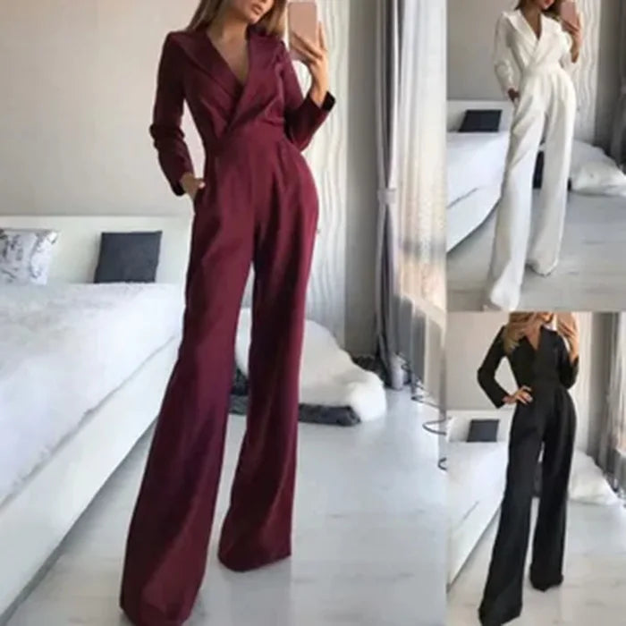 Spring Summer  Jumpsuit Women Mid Waist Elegant Commuting Long Sleeve Suit Overalls Wide Leg Pant Casual Solid Waist Jumpsuit