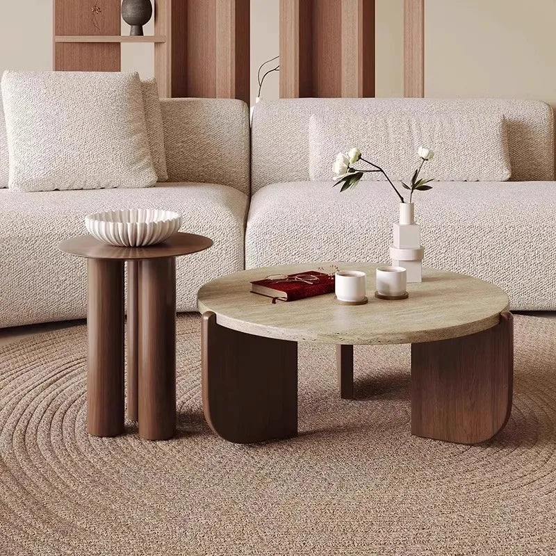 Wabi Sandy Wind Solid Wood Travertine Coffee Table Minimalist Small Tea Table Small Apartment Living Room Household Round Balcon
