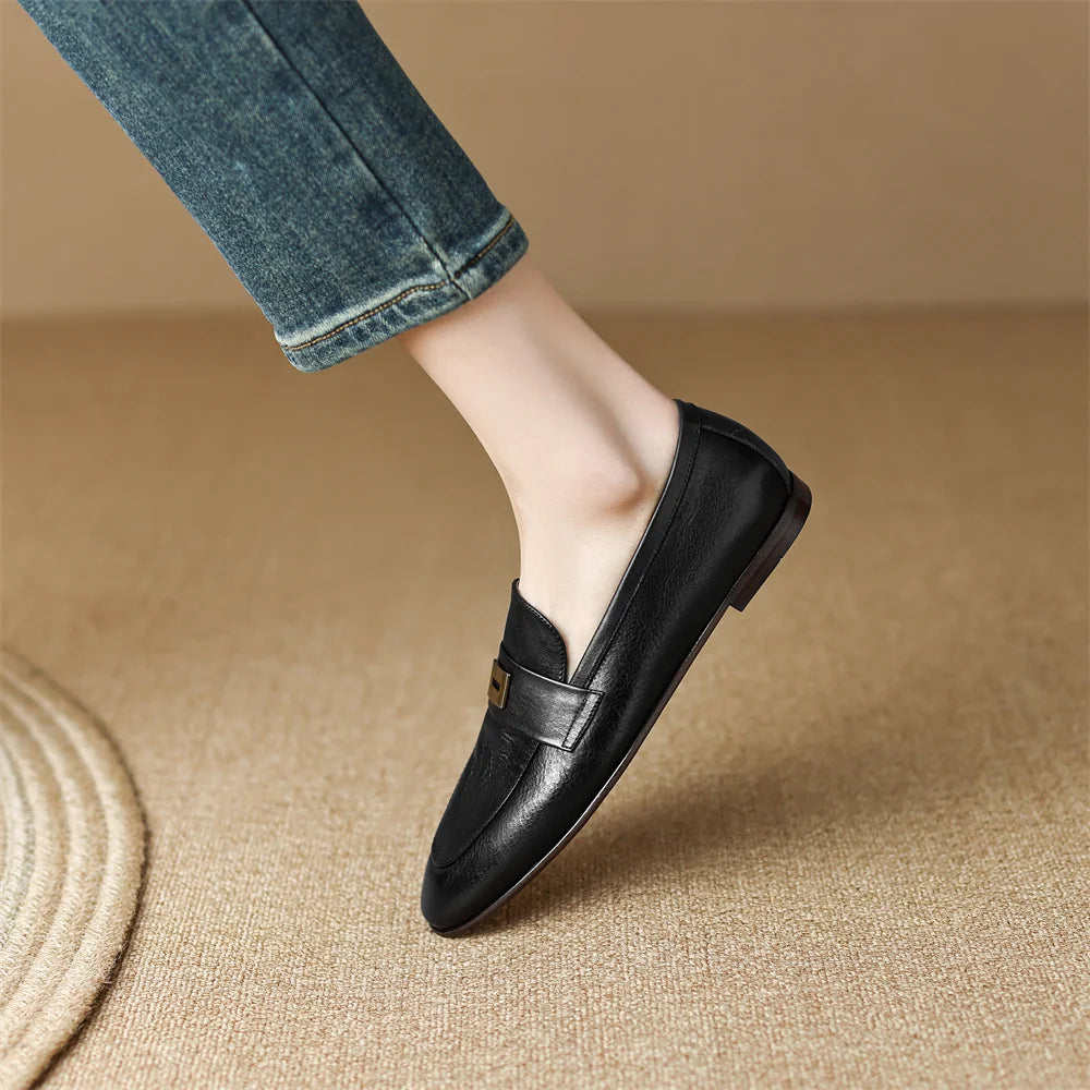 Danxuefei Women’s Leather Slip-On Loafers – Round Toe