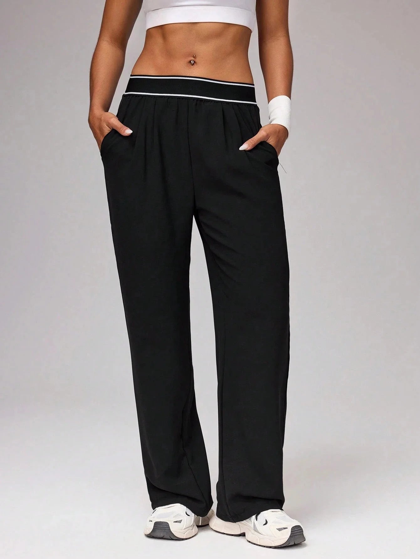 Women's High Waist Wide Leg Pants, Striped Waistband Loose Fit Casual Trousers, Lightweight Breathable Workout Joggers