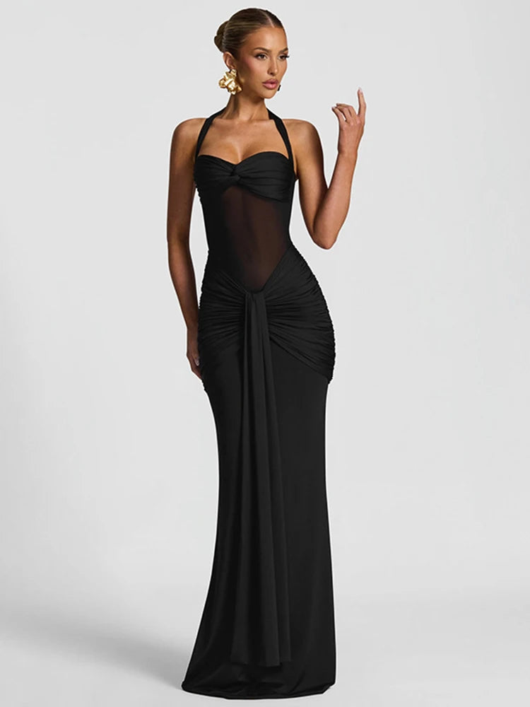 kliou Patchwork Elegant Women Maxi Dress Classic Sexy Sheer Ribbons Halter Backless Bodycon Female Trend Festival Evening Wear