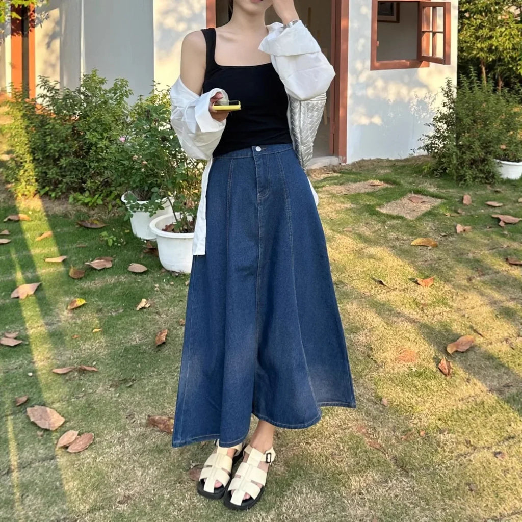 High Waist A- Line Midi Denim Skirt Women's Elastic Waist Design Sensation Slimming Long Skirt Summer Fashion Half-length Skirt