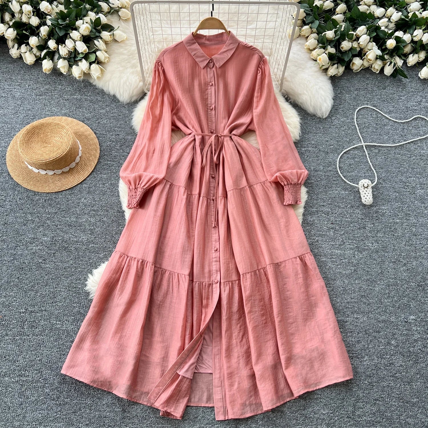 Chic Vintage Casual Long Sve irt Dr Women Loose Waist Cinched Faionable Long Skirt Korean Sle High Waist A-Line