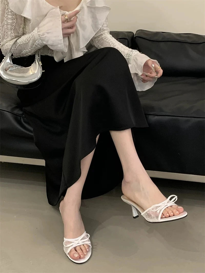 Sexy Style Bow Flat Sandals for Women 2026 Summer New Thin High Heel Open Toe Elegant Versatile Slippers