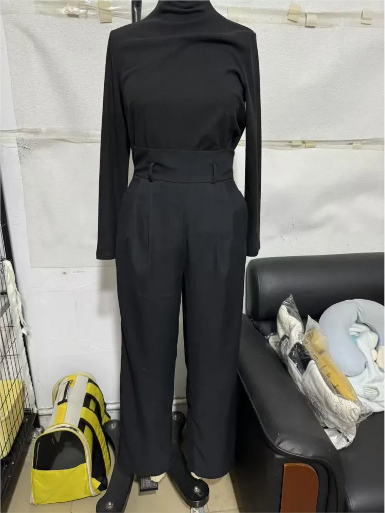 Autumn Winter New Women Elegant Stand Collar Solid High Waisted Trousers With Belt Long Sleeve Top Wide-leg Pants Two-piece Set