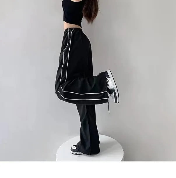 Women's Fashion Drawstring Both Sides Casual Elastic Waist Sports Pants High waist Loose Wide Leg Pants Trousers