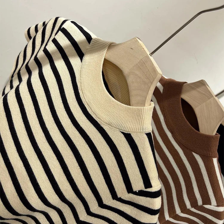 Half Turtleneck Pullover Striped Sweater Sweater Slim Fit Top Shirt Women's Early Spring and Autumn Short Sleeve Bottoming Shirt