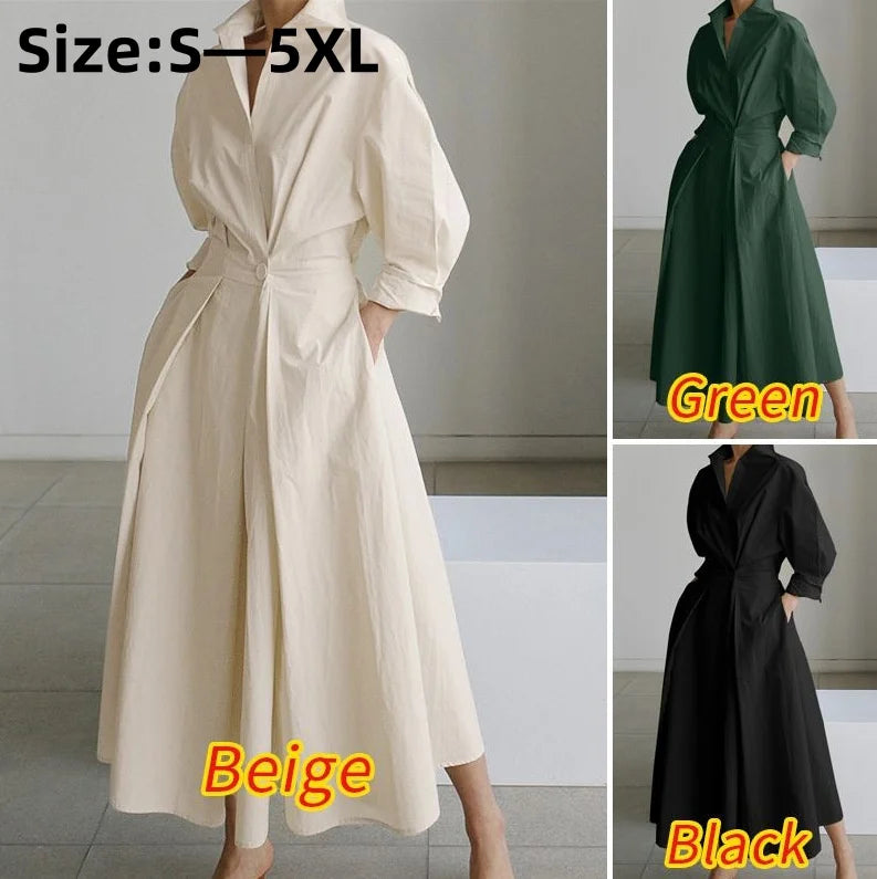 2026 Women's Oversized Elegant Cotton Linen Sundress Lapel Neck High Waist Long Sleeve Long Shirt Dress OL Vestidos Robe Femme