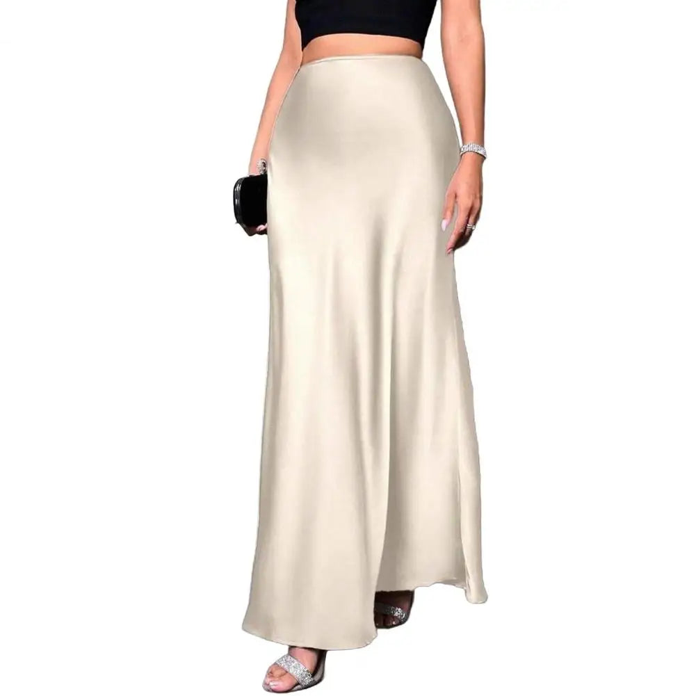 Women Fishtail Skirt Elegant High Waist Flattering Silhouette Satin Skirt Solid Color Smooth Surface A-Line Maxi Skirt
