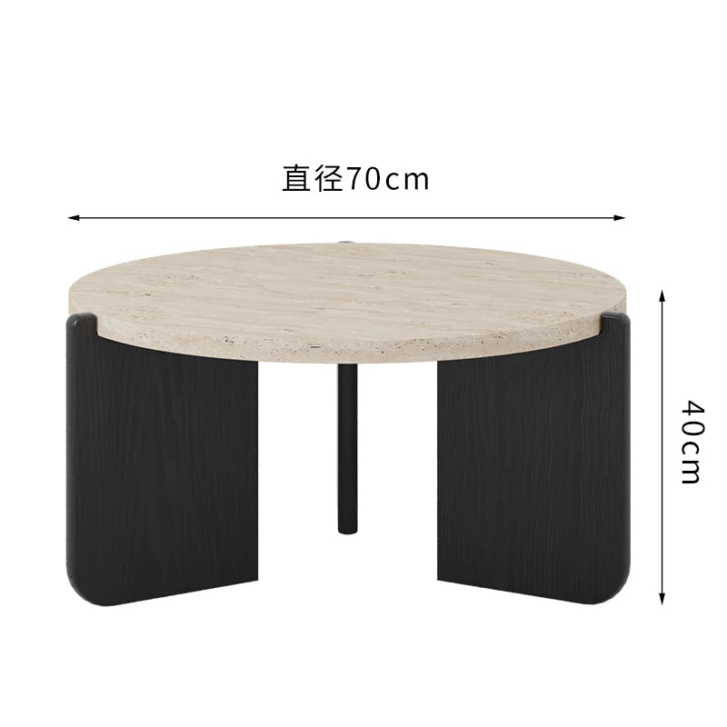 Wabi Sansan Solid Wood Travertine Coffee Table Household Coffee Table Living Room Minimalist Round Natural Travertine Rock Slate