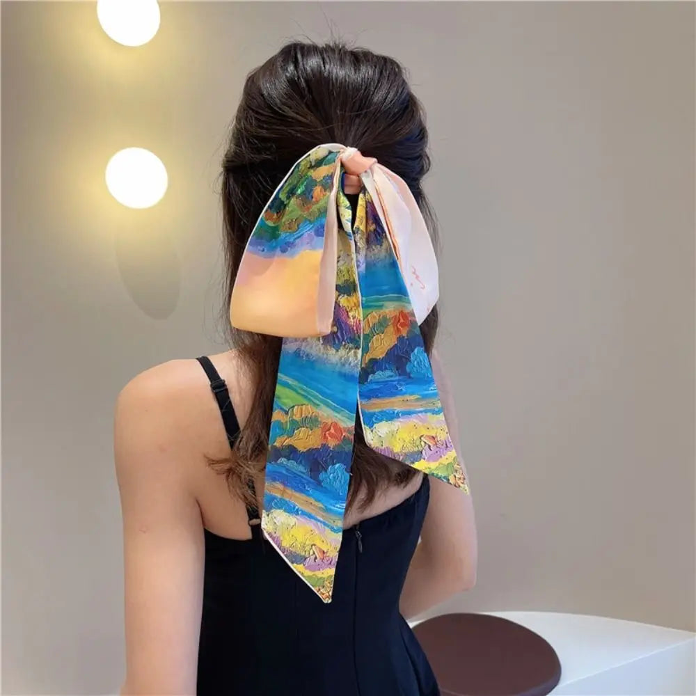 1pc French Scarf Butterfly Tie Hair Retro Oil Print Hair Ribbon Scarf Women Neck Tie Bag Headscarves Floral Bands Headband