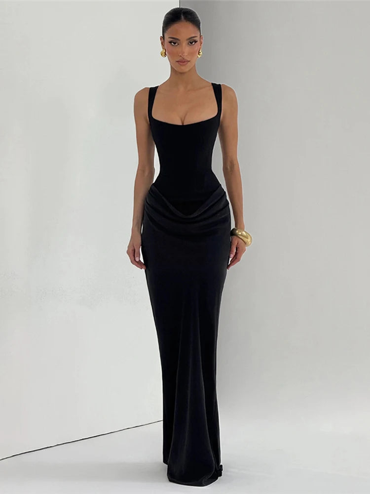 Nibber Fake Fake Decoration Maxi Dress Sleeveless Backless Low-Neck Folds Elegant Banquet Simple Classic Skinny Chic Vestidos