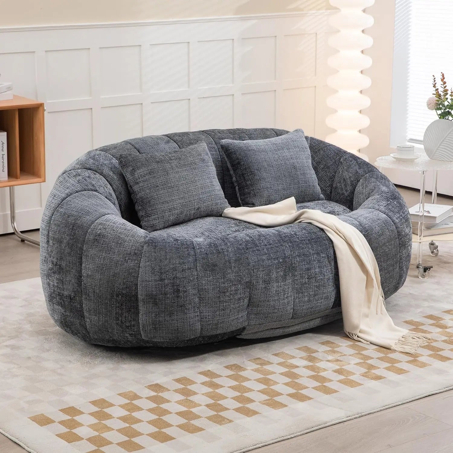Bean Bag Sofa, Comfy Loveseat Sofa with 2 Pillows, Soft Giant Bean Bag Chair, Cozy Round Lazy Sofa with Wide, Customized