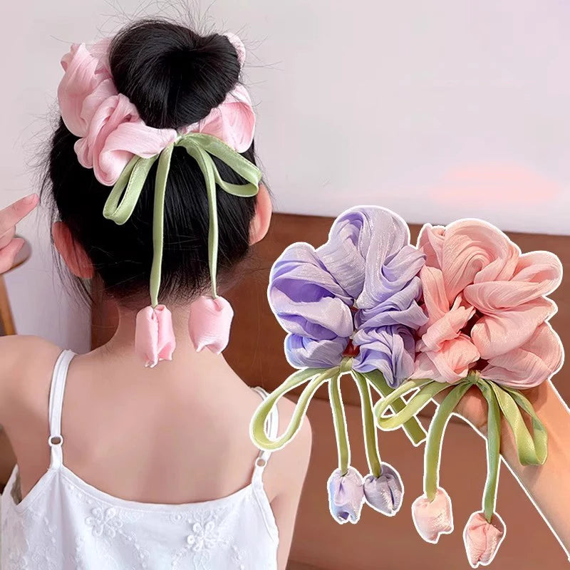 Sweet Girl Wind Mesh Strap Tulip Large Intestine Hair Hoop Handmade Butterfly Knot Rope Tie Ponytail Knot Hair Accessories