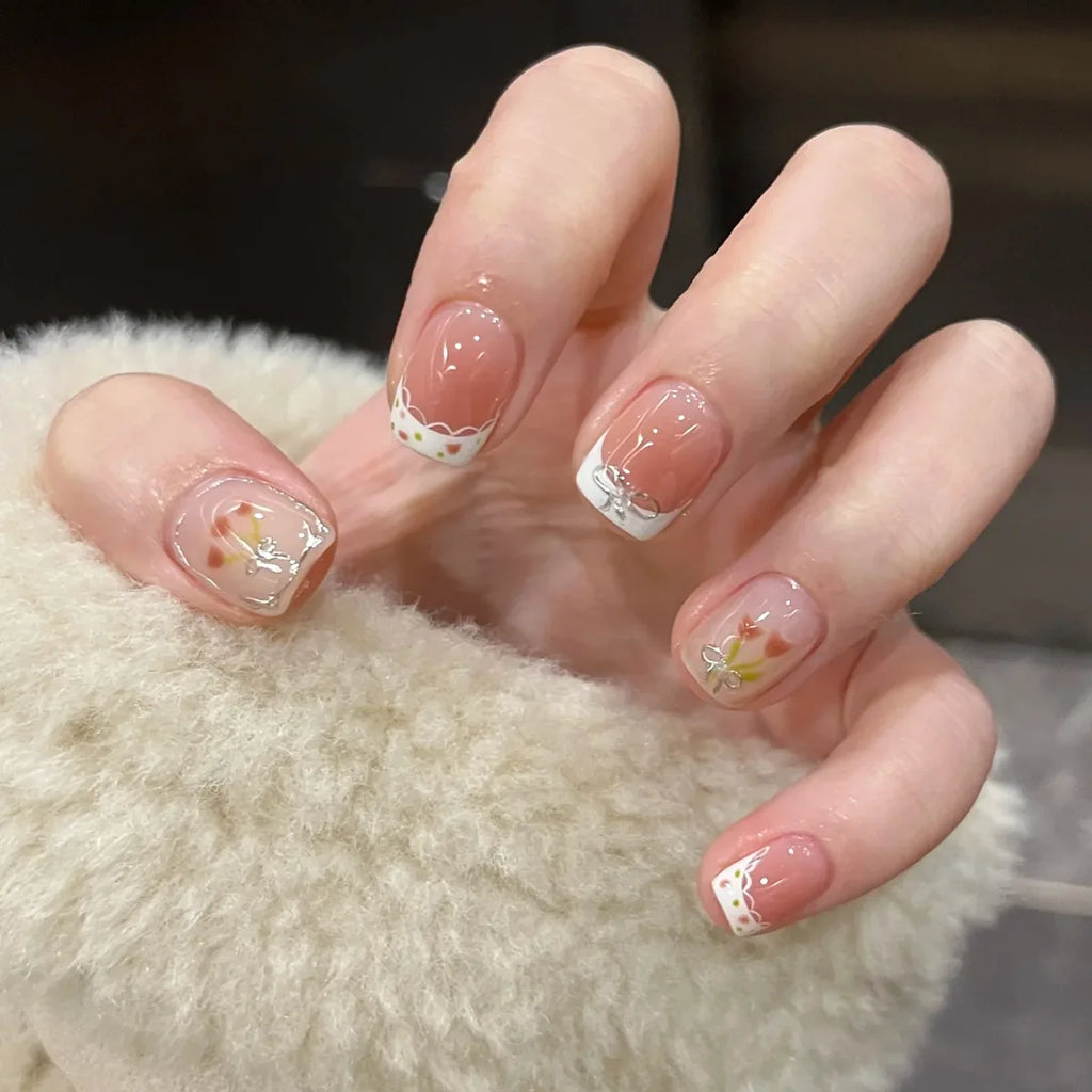24pcs Detachable Short Press on Nails Y2k rhinestone False Nails with Glue Ballet Sweet Cool Girls Artificial False Nails Tips