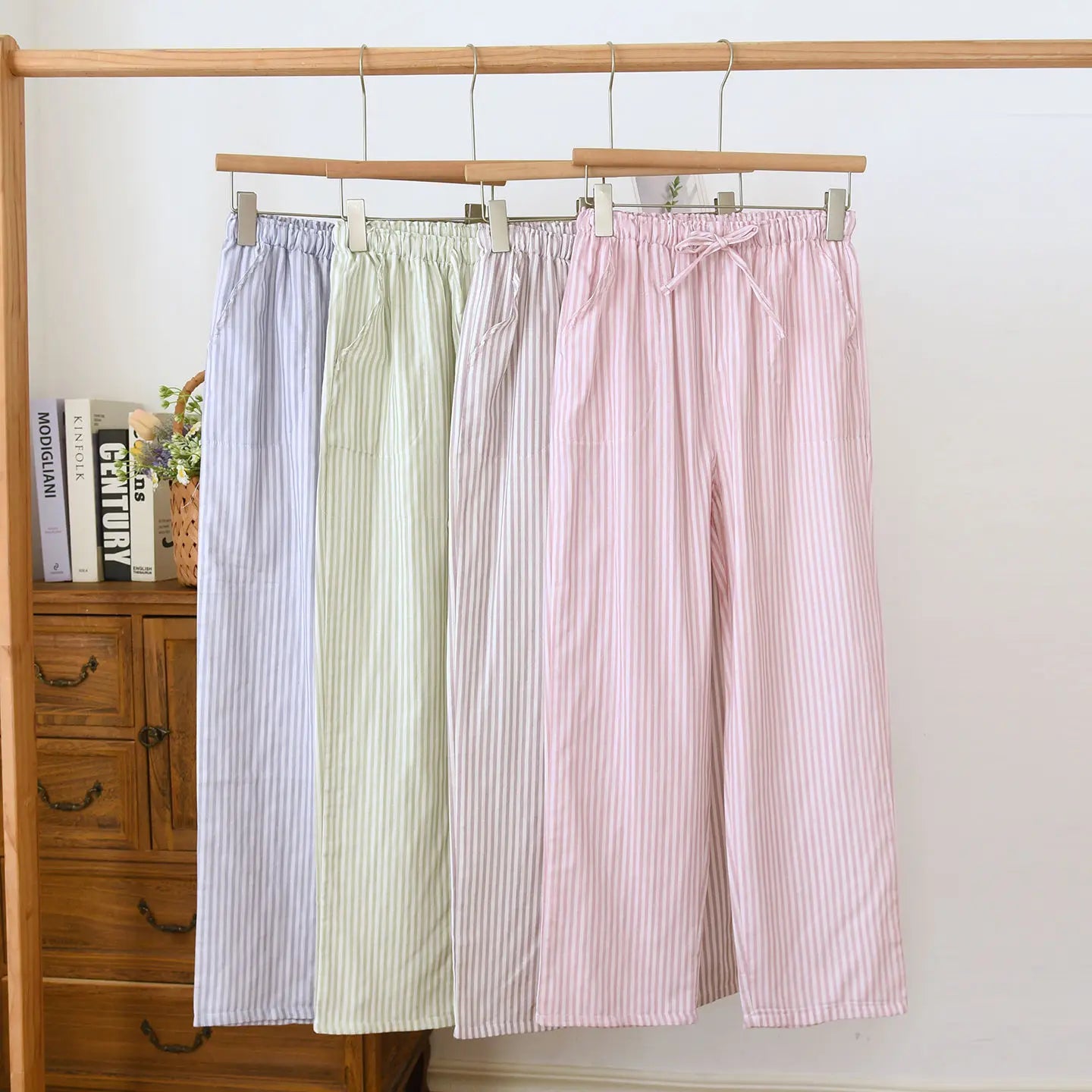 2026 New Women's Spring/Summer Sleeper Pants 100% Cotton Gauze Striped Tether Pants Striped Loose Thin Home Pants