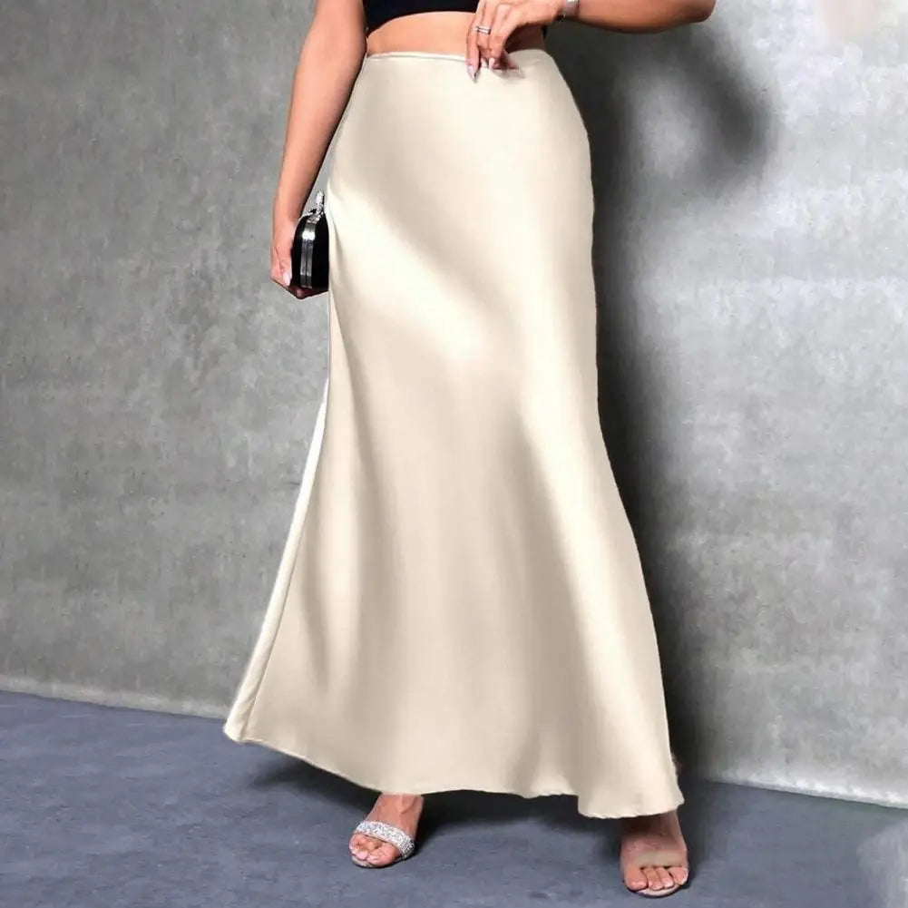 Women Fishtail Skirt Elegant High Waist Flattering Silhouette Satin Skirt Solid Color Smooth Surface A-Line Maxi Skirt