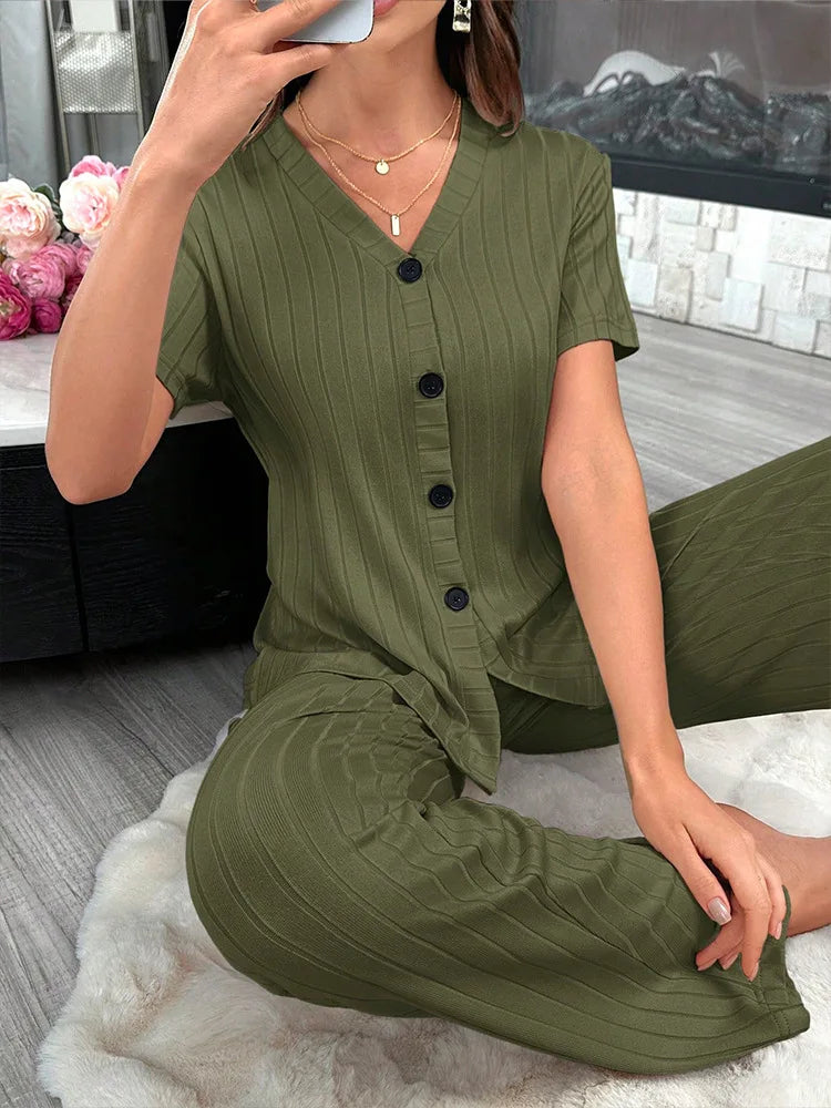 Women Summer Pajamas Set Short Sleeve V-neck Solid Rib T-shirt with Pants Loose Sleepwear Homewear Female Casual Loungewear