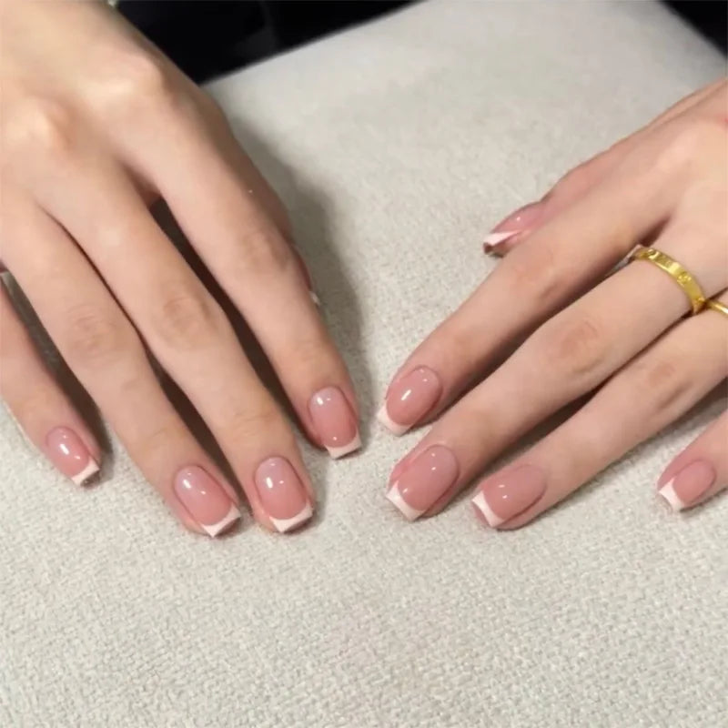 24Pcs French Tip Handmade Press On Nails Minimalist Solid Color Fake Nails Medium Square Full Cover Press On Nail Tips With Glue