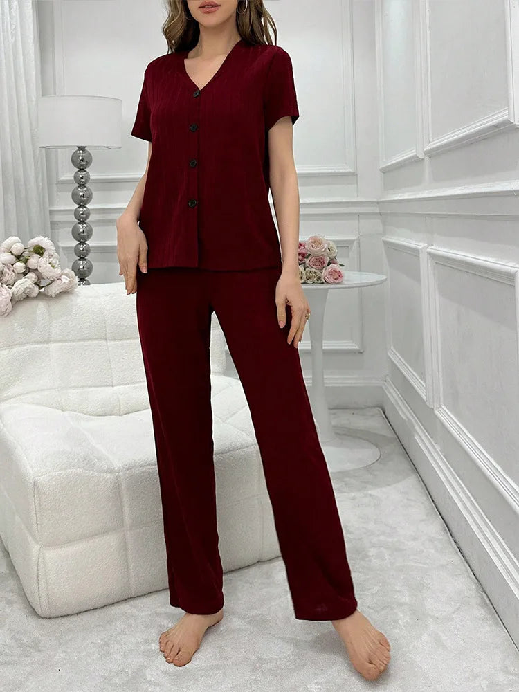 Women Summer Pajamas Set Short Sleeve V-neck Solid Rib T-shirt with Pants Loose Sleepwear Homewear Female Casual Loungewear