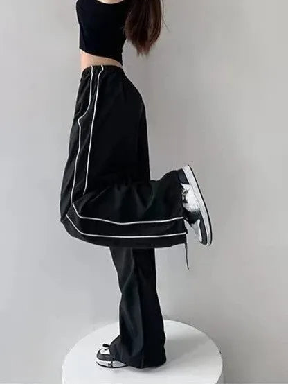 Women's Fashion Drawstring Both Sides Casual Elastic Waist Sports Pants High waist Loose Wide Leg Pants Trousers