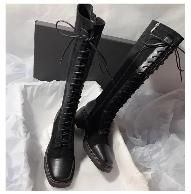 Women's Knee-high Boots High Quality Suede Leather Boot Lace Up Slim Long Tube Boots Knee-high Chelsea Boot Women Fashion Boots