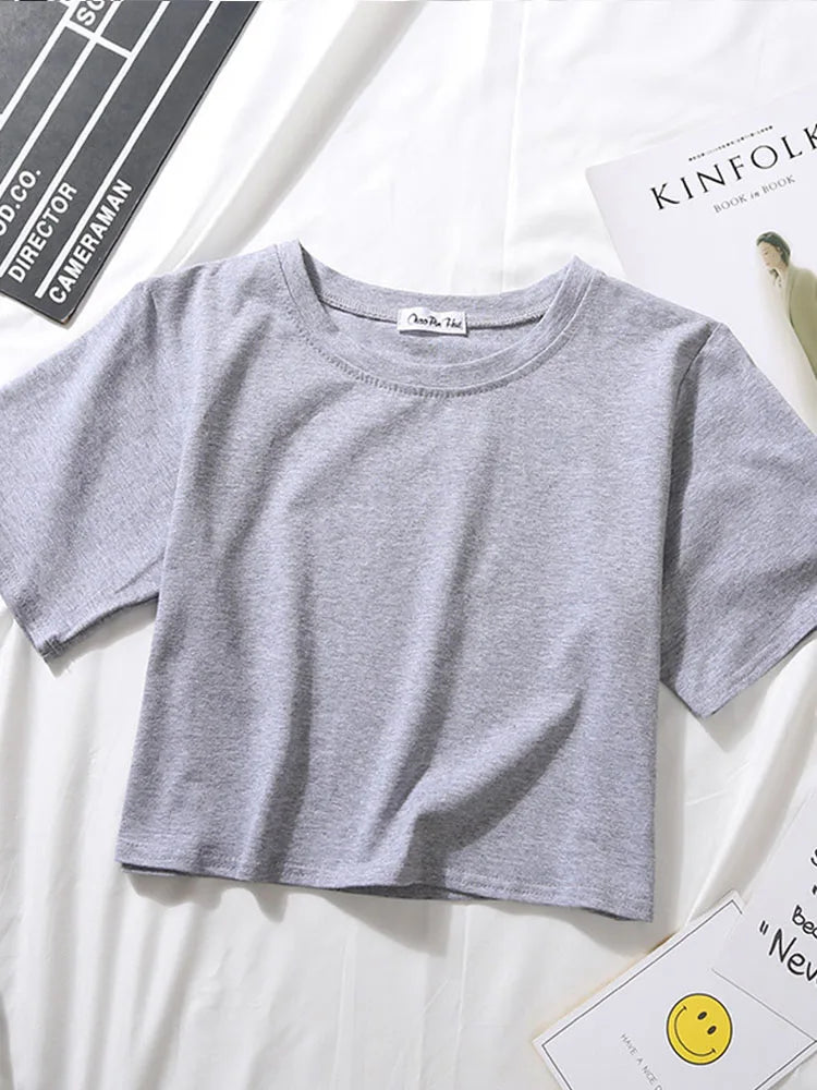 2023 Summer Short Sleeve T Shirts Women Cotton Solid T-shirt O Neck High Waist Crop Top Tee Female Casual Loose T Shirt
