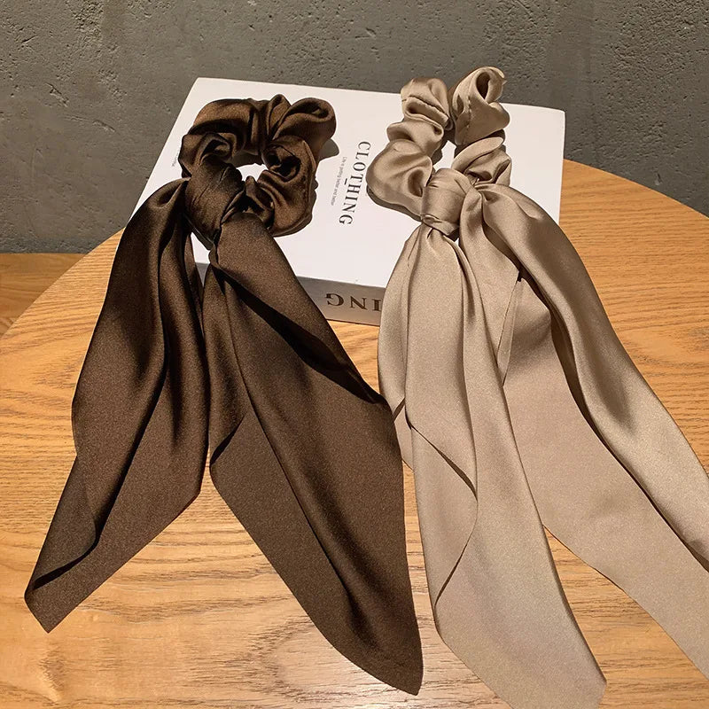 Ins Fashion Satin Hair Scarf Large Bowknot Head Bands Women Elegant Brown Scarf Hair Bands Retro Ponytail Elastic Hair Ties