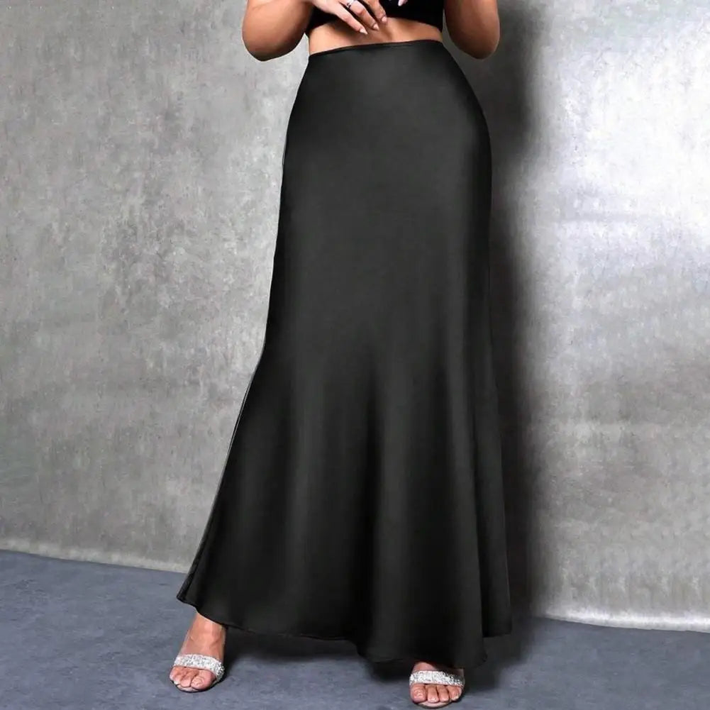 Women Fishtail Skirt Elegant High Waist Flattering Silhouette Satin Skirt Solid Color Smooth Surface A-Line Maxi Skirt