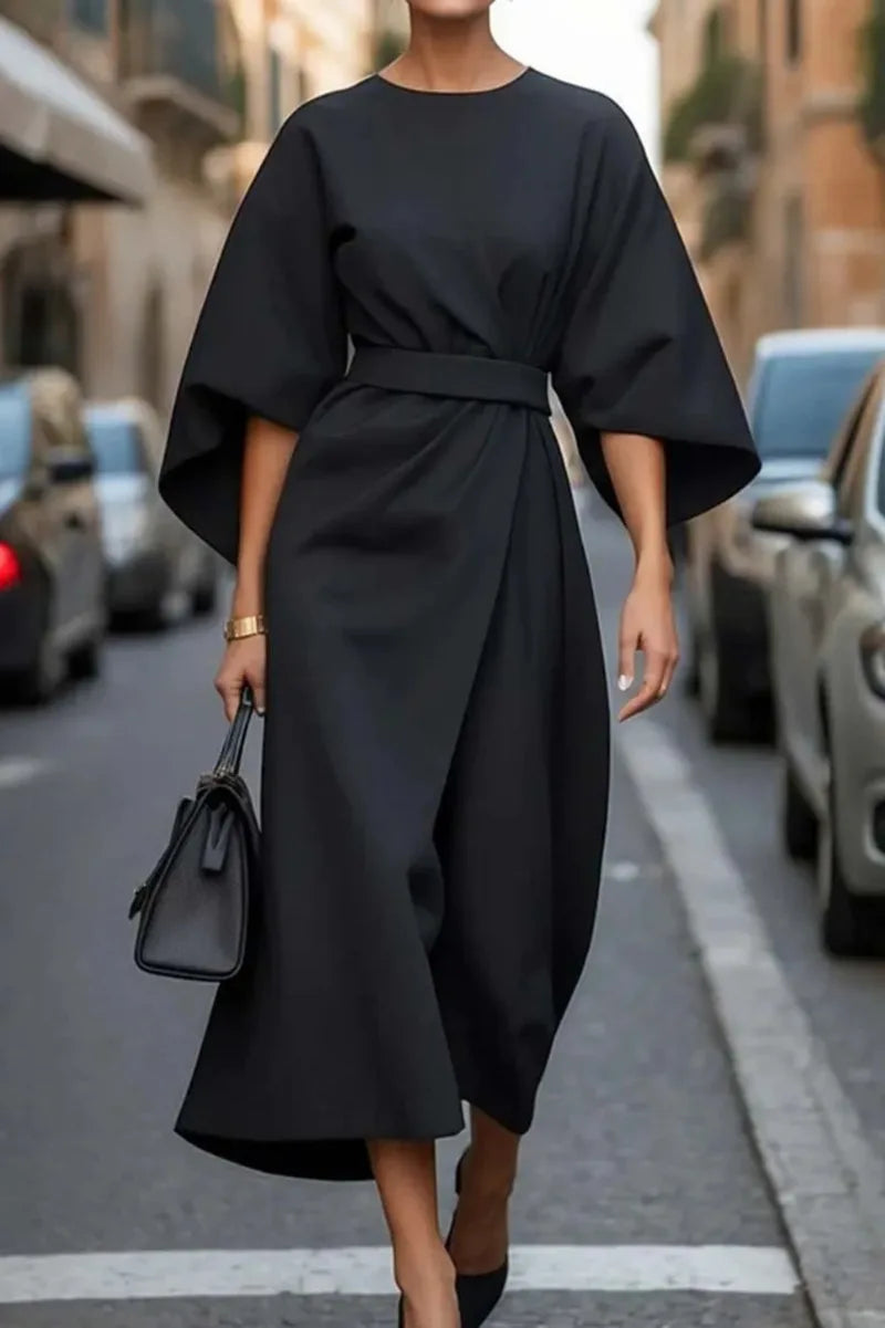 Women Dresses 2026 fashion elegant round o neck solid color waist-cinching casual batsleeve long dress clothing vestidoes