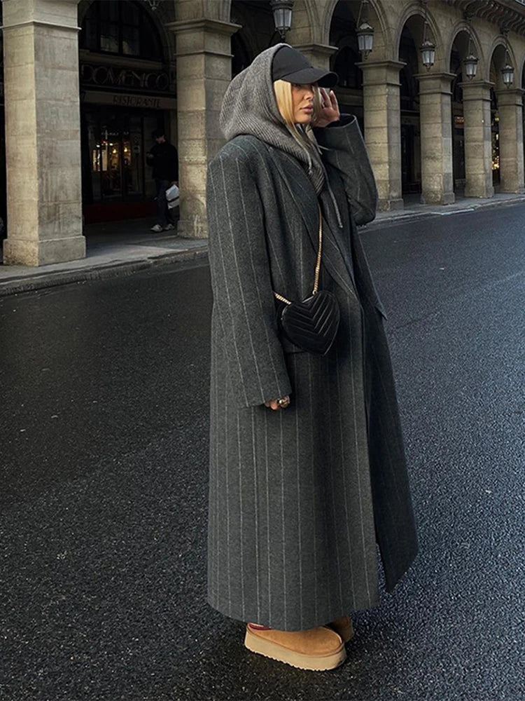 Vintage Women's Striped Woolen Overcoat Long Sleeve Fashion Lapel Oversized Coat 2025 Autumn Winter Commute Jacket for Ladies