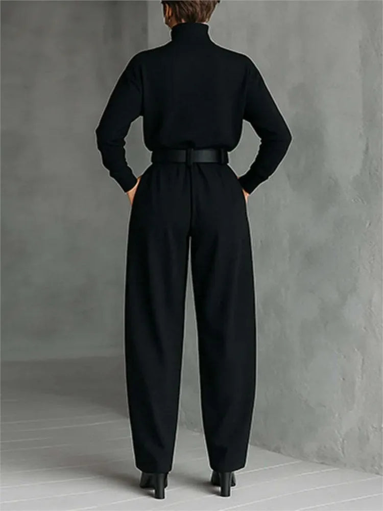 Autumn Winter New Women Elegant Stand Collar Solid High Waisted Trousers With Belt Long Sleeve Top Wide-leg Pants Two-piece Set