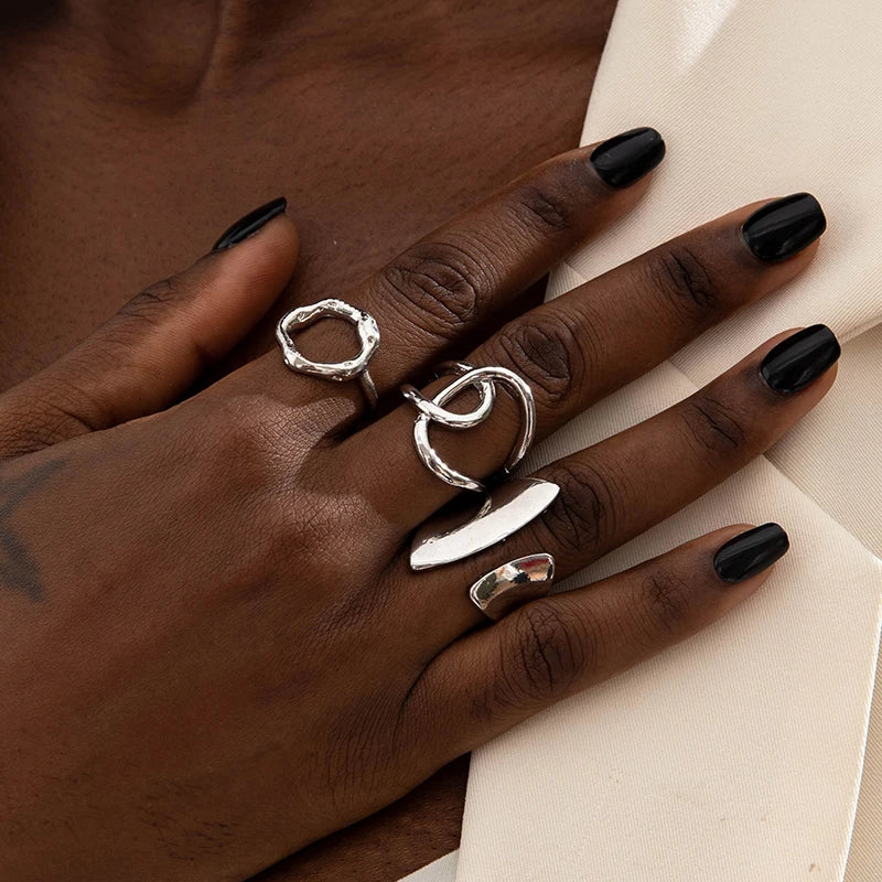 Tocona 2024 New Trendy Geometric Gold Silver Colour Set Rings for Women Adjustable Finger Ring Party Wedding Jewelry Accessories