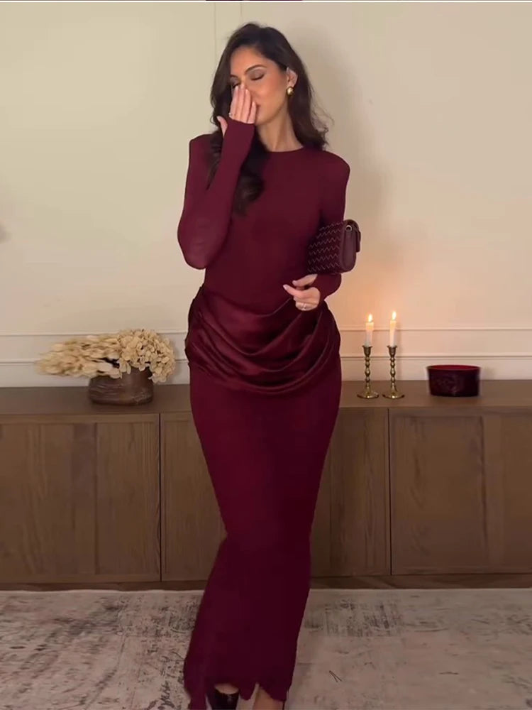 Women Burgundy Long Sleeve Maxi Dress Satin Ruched Waist Bodycon Style Robe Female Autumn Winter Dinners Parties Evening Events