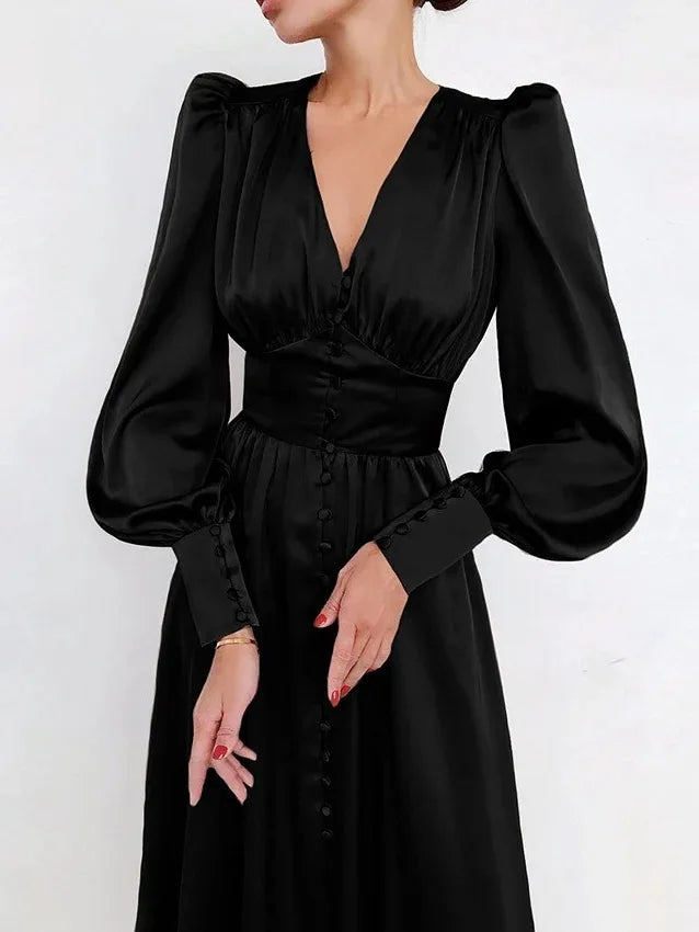2026 Women's Fashion Satin Dress Lantern Sleeve Waist Slimming Style Elegant Slim Long Dress