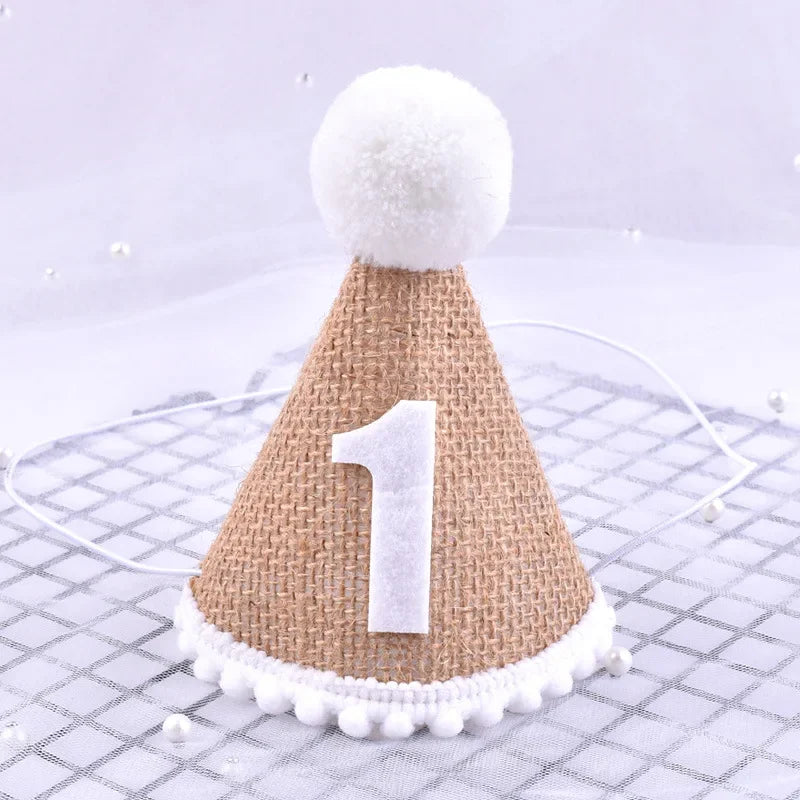 Burlap Baby Birthday Party Hat – Linen Felt, 1st–3rd Year