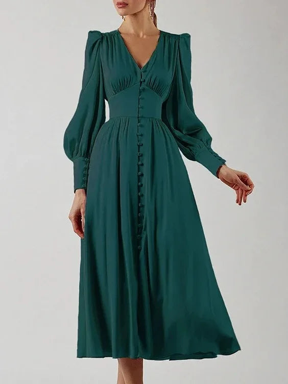2026 Women's Fashion Satin Dress Lantern Sleeve Waist Slimming Style Elegant Slim Long Dress