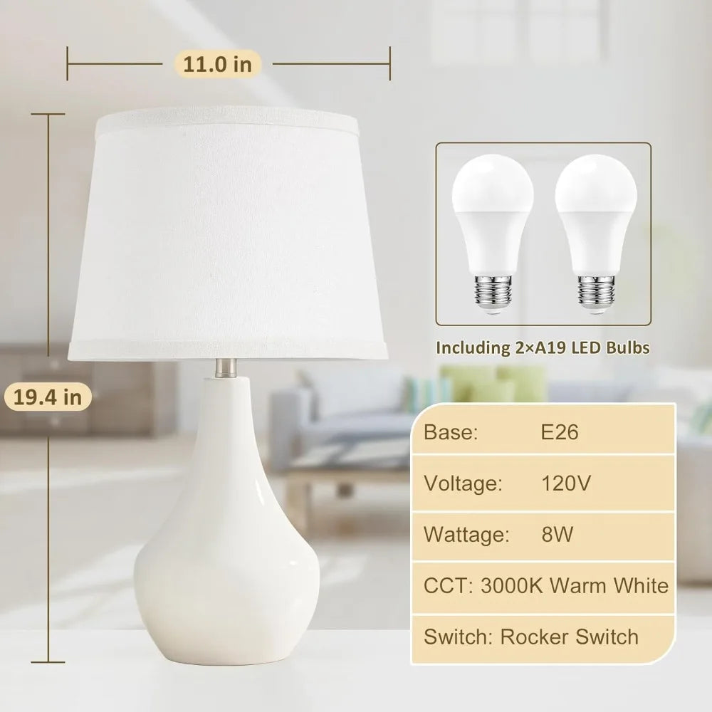 Seealle Modern Ceramic Table Lamps for Night Stands - Bedside Lamps Set of 2 for Nightstand, 19.4" White Bedroom Lamp for Living